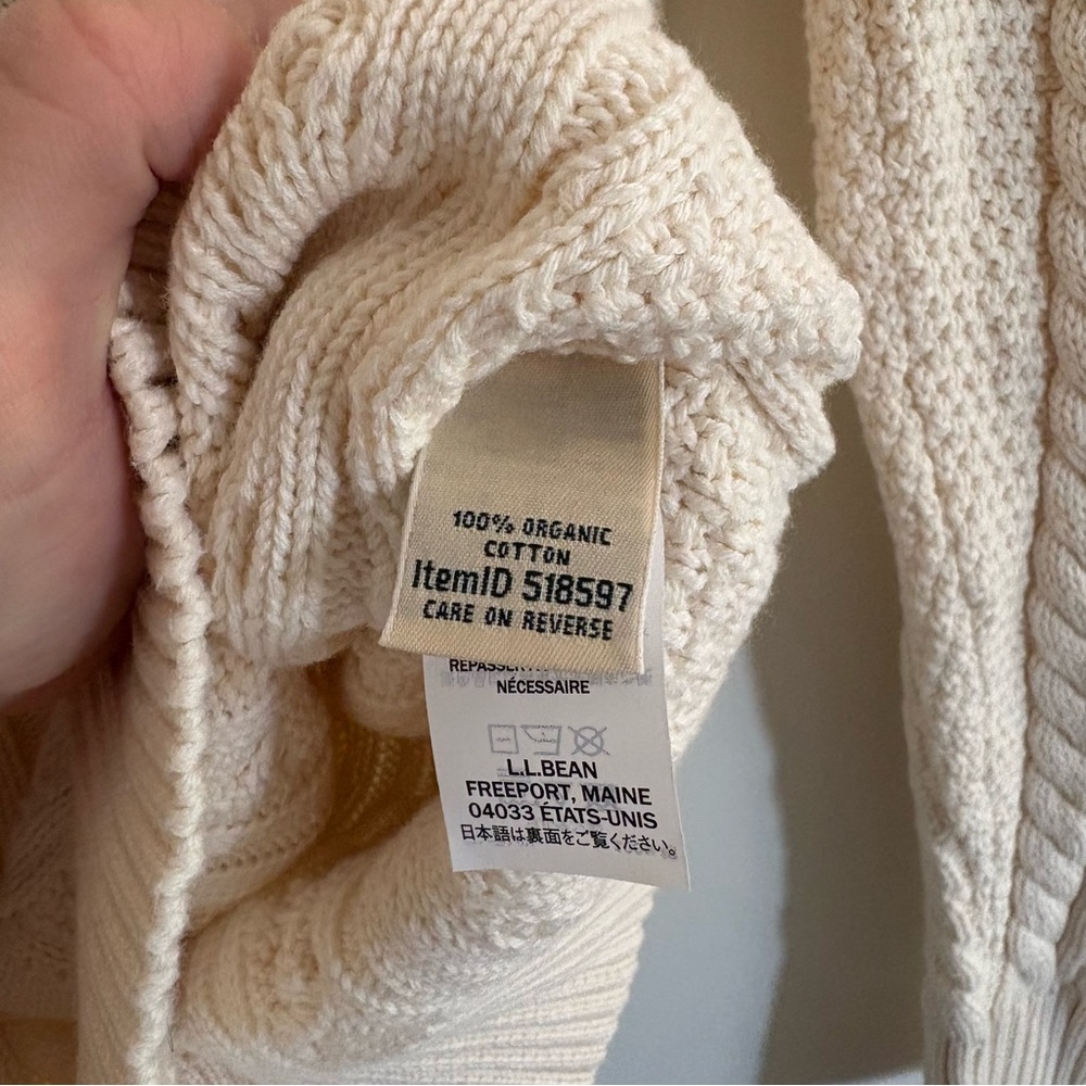 L.L Bean Cream Cable Knit Sweater Women’s Size L 100% Organic Cotton Fisherman - Picture 3 of 8
